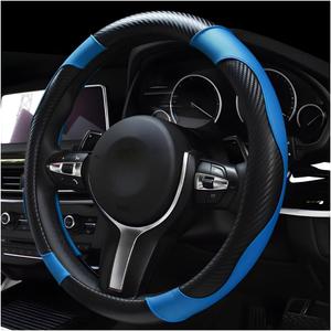 Car Steering Wheel Cover, 15 Inch Carbon Fiber Leather Stitching Color Steering Wheel Protector, Anti-Slip Elastic Breathable Steering Wheel Cover Stylish Decor for Most Cars (Black&Blue)