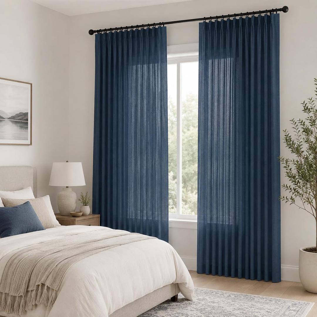 PONY DANCE Navy Blue Linen Pinch Pleated Curtains 108 Inches Long for Bedroom, Back Tab Thick Drapes for Living Room with 16 Hooks, Room Darkening Natural Style Curtains, 2 Panels, Blue, 40"W × 108"L