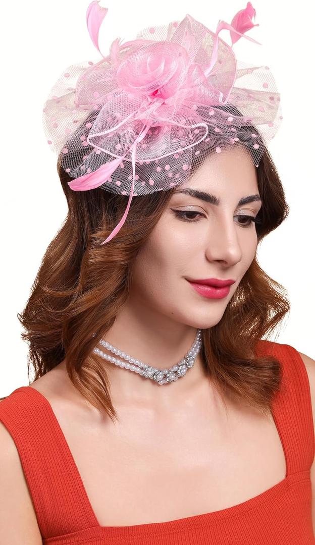 Cizoe Fascinator Hats for Women Tea Party Headband Kentucky Derby Wedding Flower Mesh Veil Fascinator (Pink)