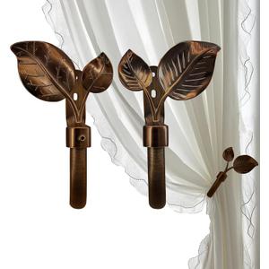 Leaf Curtain Holdbacks, Set of 2 - Wall Mounted Metal Tieback Hooks for Curtains, Adjustable Finial, Antique Bronze