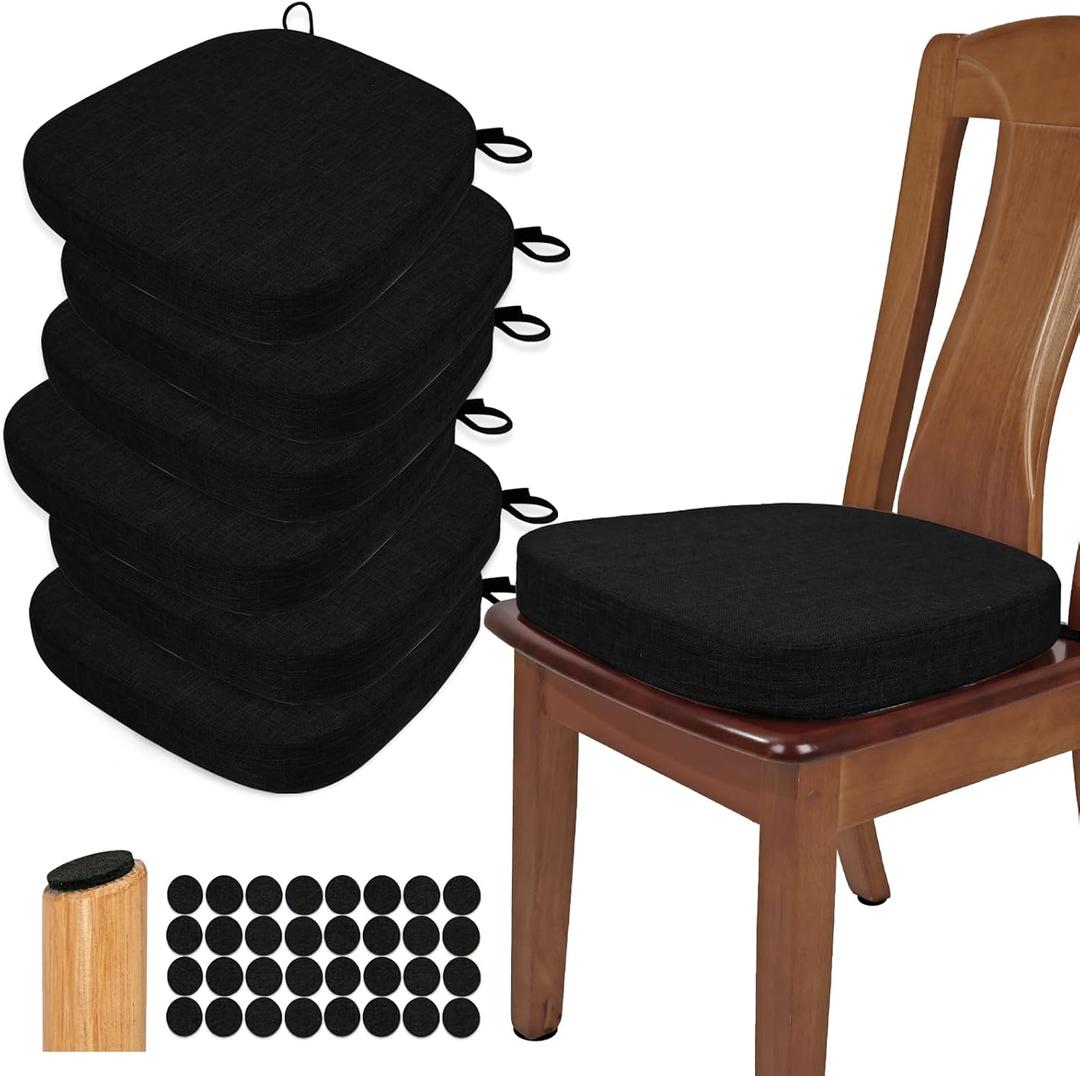 BUYUE Thickened 2.5" Dining Chair Cushions Set of 6, U-Shape High Density Foam Comfortable Chair Pads for Kitchen, Slip Resistant Indoor Seat Cushions (6 PCS, Black), 6 Counts