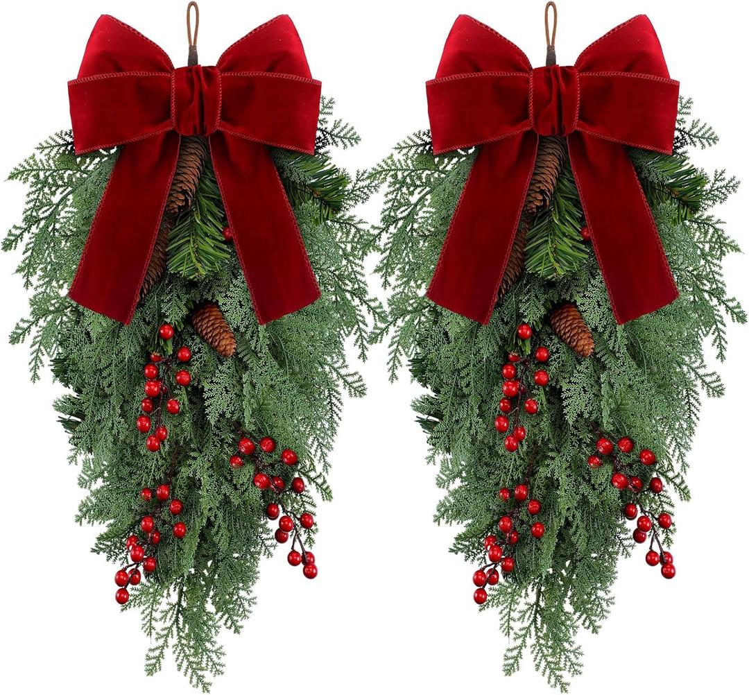 2 Pack Christmas Teardrop Swags 20 Inch Xmas Artificial Pine Teardrop Wreath with Pine Cones Berry Bow for Christmas Holiday Front Door Home Wall Hanging Decor