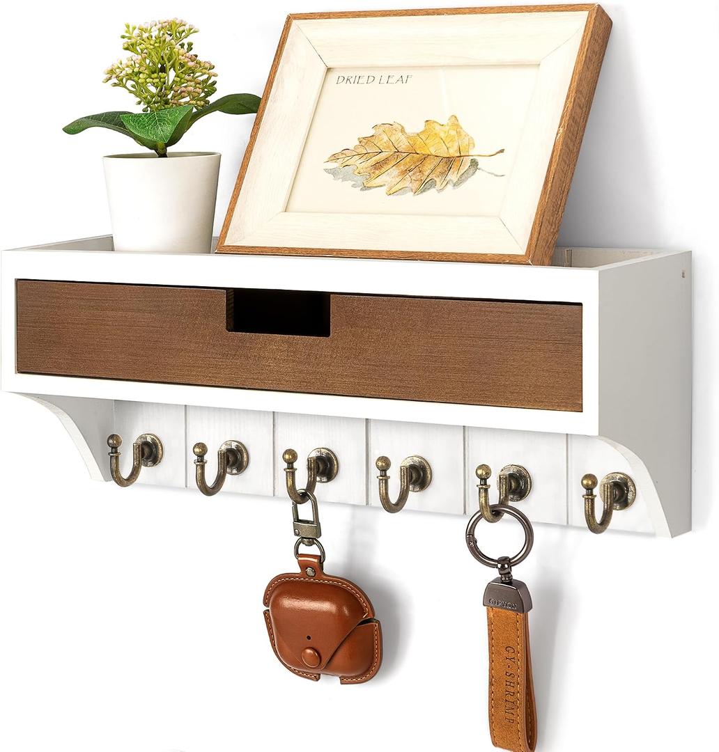 Rebee Vision Key Holder Wall Mount Room Decor, White & Retro Brown | Key Holder for Wall, Mail Organizer, 6 Key Hooks, Drawer Organizer, Wall Shelf, Home Organization, Apartment Essentials