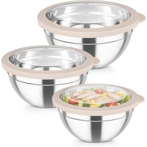 TeamFar Mixing Bowls with Lids, 4.5/3/1.5 QT Stainless Steel Nesting Salad Bowls with Airtight Lids, For Serving/Mixing/Storing/Prepping, Healthy & Sturdy, Visible & Easy Clean, Khaki, Set of 3