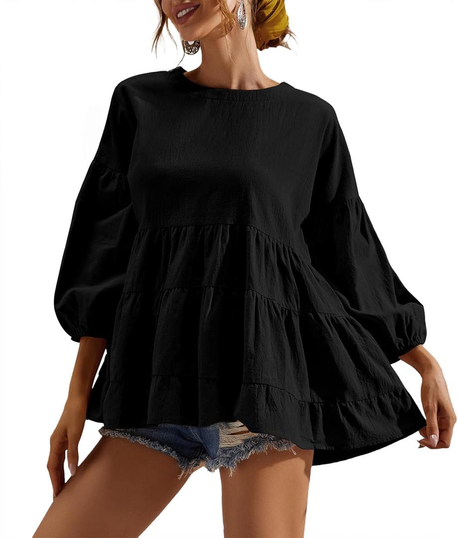 Women's Peplum Tops 3/4 Lantern Sleeve Crewneck Loose Babydoll Shirt Blouse (Medium, Black)
