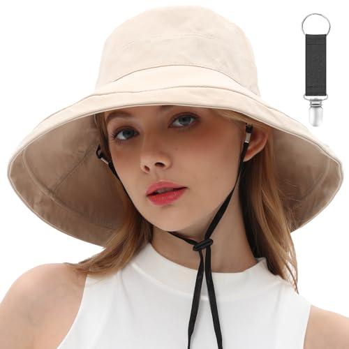 vidsel Womens Sun Hats Wide Brim Reversible Bucket Cotton Hat Packable Summer Travel Cap with Hat Clip,UV Protection