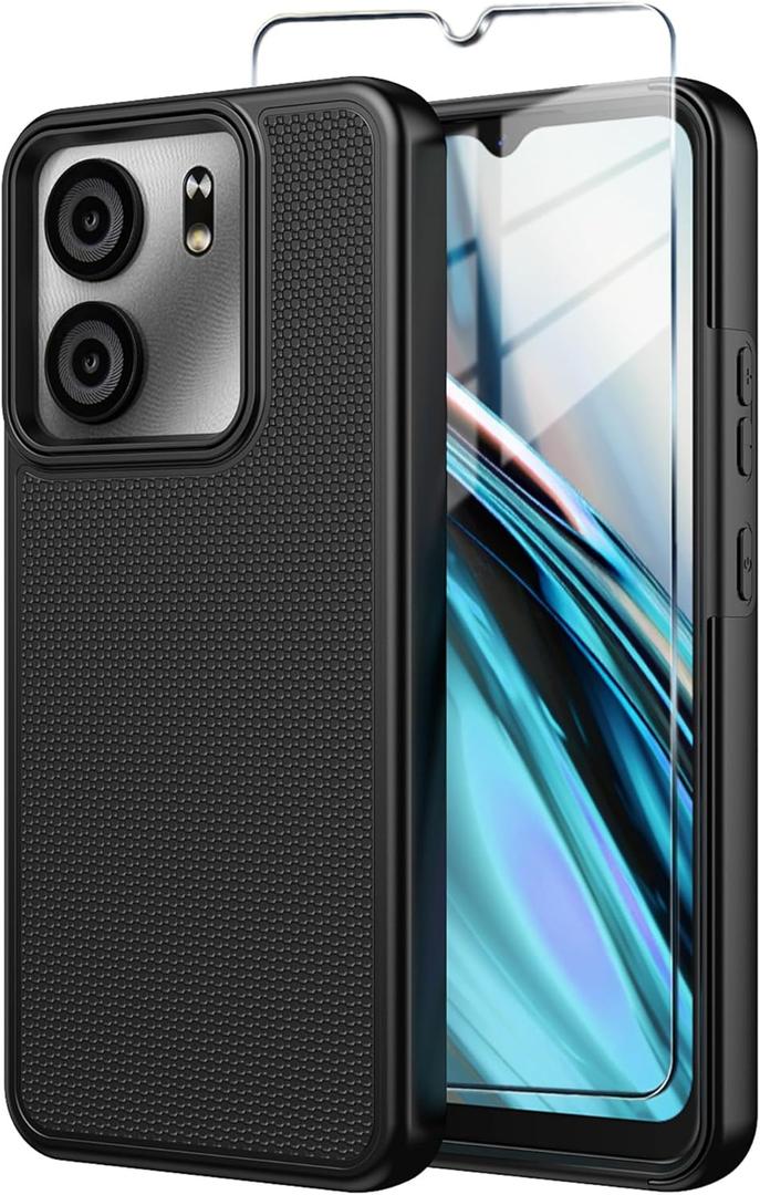 BLU View 5 Phone Case with Tempered Glass Screen Protector,Dual Layer Heavy Duty Shockproof Protection Phone Case Cover for BLU View 5 (Black)