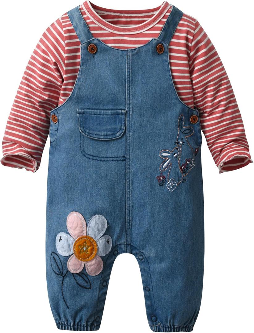 Cute Baby Girls Clothes Toddler Girls Long-Sleeve T-shirt+Denim Overalls Pants Outfits Infant Girl 0-2 Years Clothes (Pink, 6-12 Months)