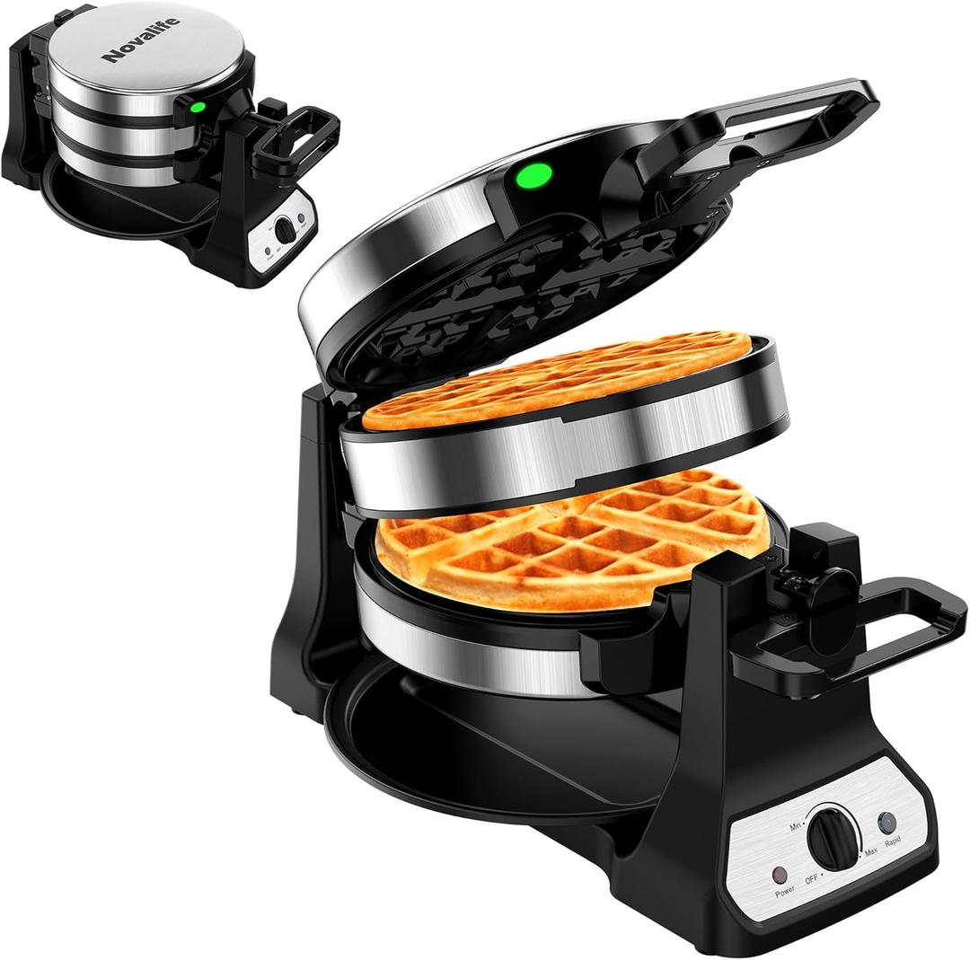 Waffle Maker, 1400W Belgian Waffle Maker, Double Waffle Iron 180 Flip, Rotating Nonstick Plates, Adjustable Browning Control, Locking Buckle & Cool Touch Handle, Removable Drip Tray, Stainless Steel (Sliver)