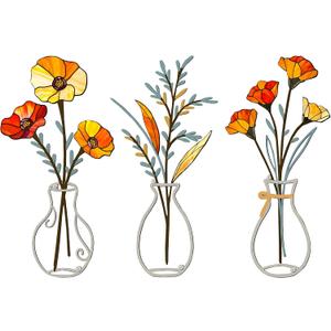 3 Pcs Metal Flowers Wall Arts,Yellow Metal Vase Wall Art,Iron Art Painting,Rustic Farmhouse Decor Minimalist Flower Decor for Bedroom Bathroom Living Room Dining Room(Yellow, Vase-C)