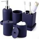 Resin 6 Pcs Navy Blue Bathroom Set Complete with Toothbrush Holder, Lotion Soap Dispenser, 2 Qtip Holder Dispensers,Vanity Tray,Bathroom Tumbler Countertop Vanity Organizer Bathroom Accessories