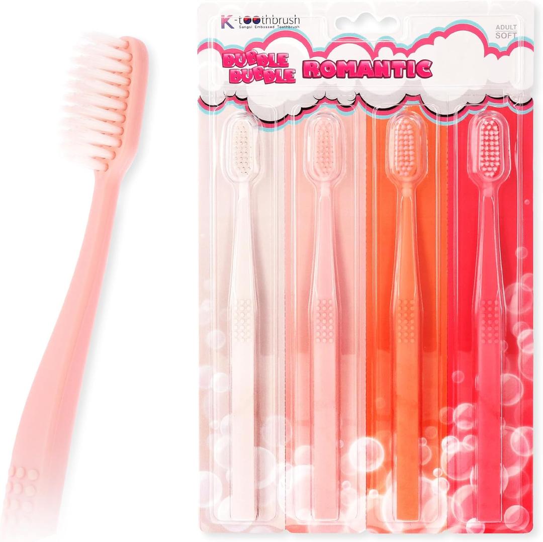 2 x SANGSI Embossed Bristle Toothbrush, Soft Toothbrushes for Adults - Sensitive Teeth and Gums Care - Perfect Travel Essentials  Bubble Bubble Romantic Pack of 4