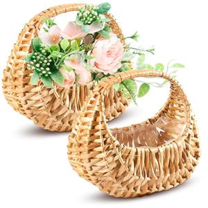Small Flower Girl Basket Set of 2 - Small Wicker Basket with Handle and Waterproof Lining 6.3" x 5.12" x 3.75" - Tiny Easter Baskets with Rattan Design for Flowers, Sweets, Gifts, Home Decor & Storage (Brown)