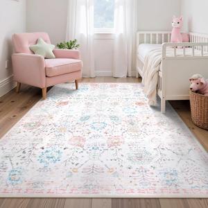 Lahome Flavie Nursery Rug 5x7, Soft Washable Floral Dorm Rug, Non Slip Low Pile Carpet for Bedroom, Kids Room, Nursery, Dorm Room and Classroom Decor, Beige