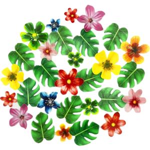 64Pcs Tropical Palm Leaves and Hawaii Flowers Cupcake Toppers Hawaii Theme Cake Decoration for Jungle Summer Party Birthday Wedding Cake Decor