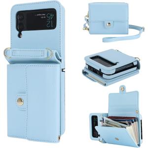 KIHUWEY for Samsung Galaxy Z Flip 4 Wallet Case, Crossbody Purse with Credit Card Slot Holder RFID Blocking PU Leather Adjustable Lanyard Detachable Strap Wrist for Women (Blue)