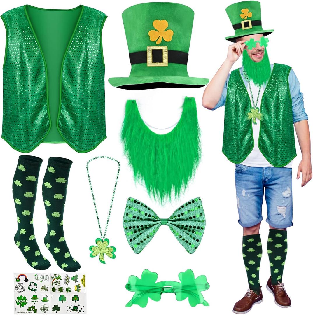 St Patricks Day Accessories Sequin Vest Leprechaun Costume Hat Green Faux Beard Glasses Shamrock Necklace Sock