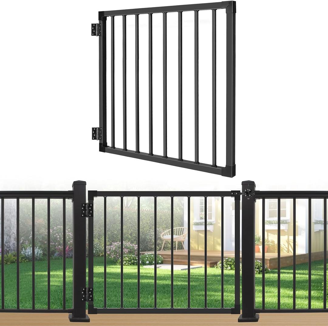 Deck Gate Outoor, 36 Black Heavy Duty Steel Anti-Rust Fence Door with Adjustable Width (Up to 48"), Easy Installation Metal Gate for Residential, Yard, Patio, with Hinges and Latch