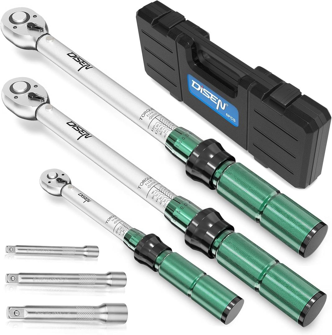 DISEN 6 PCS 1/4 3/8 1/2-inch Drive Click Torque Wrench Set 20-220In.lb, 15-90Ft.lb, 30-170Ft.lb with Extension Bar Kit, 3% Accuracy, 72-Tooth Dual Scale Torque Wrenches for Bike, Moto, Car Repair (Silver & Green)