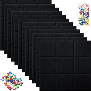 12 Pcs Large 11.8" x 11.8" Felt Bulletin Board for Wall Square Felt Tiles with 60 Push Pins Self Adhesive Cork Board Tack Board for Photos Memos School Home Office Kitchen DIY(Black)