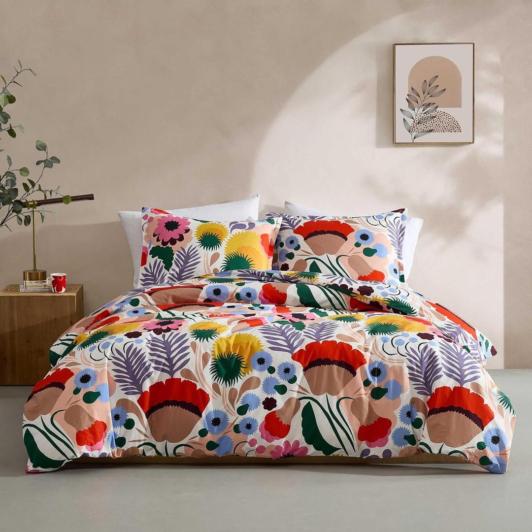 Marimekko - Full/Queen Duvet Cover Set, Cotton Percale Reversible Bedding with Matching Shams, Floral Home Decor (Ojakellukka Multicolor, Full/Queen)