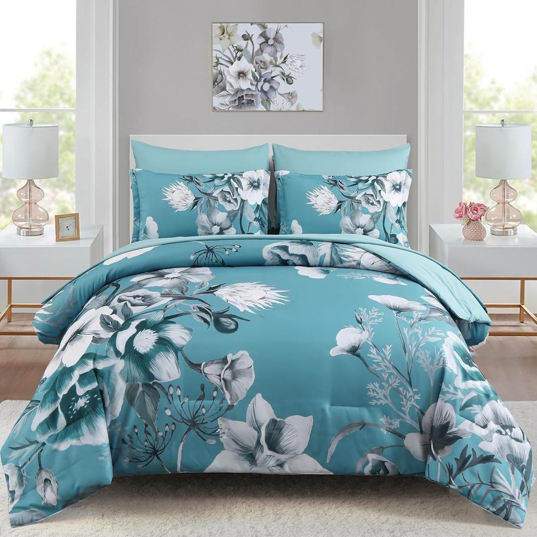 Luxudecor Floral Comforter Set King Size 7 Piece, Teal Blue Flower Bed in a Bag, Elegant Comforter Bedding Set for All Season (Teal Blue, 104"x90")
