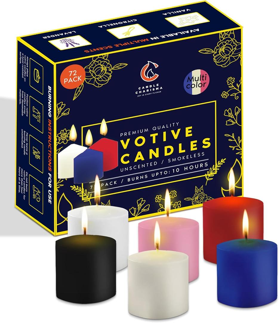 Candle Charisma Multicolor Unscented Votive Candles - 10 Hour Burn time - Set of 72 for Dinner, Wedding, Halloween and Holiday Decorations