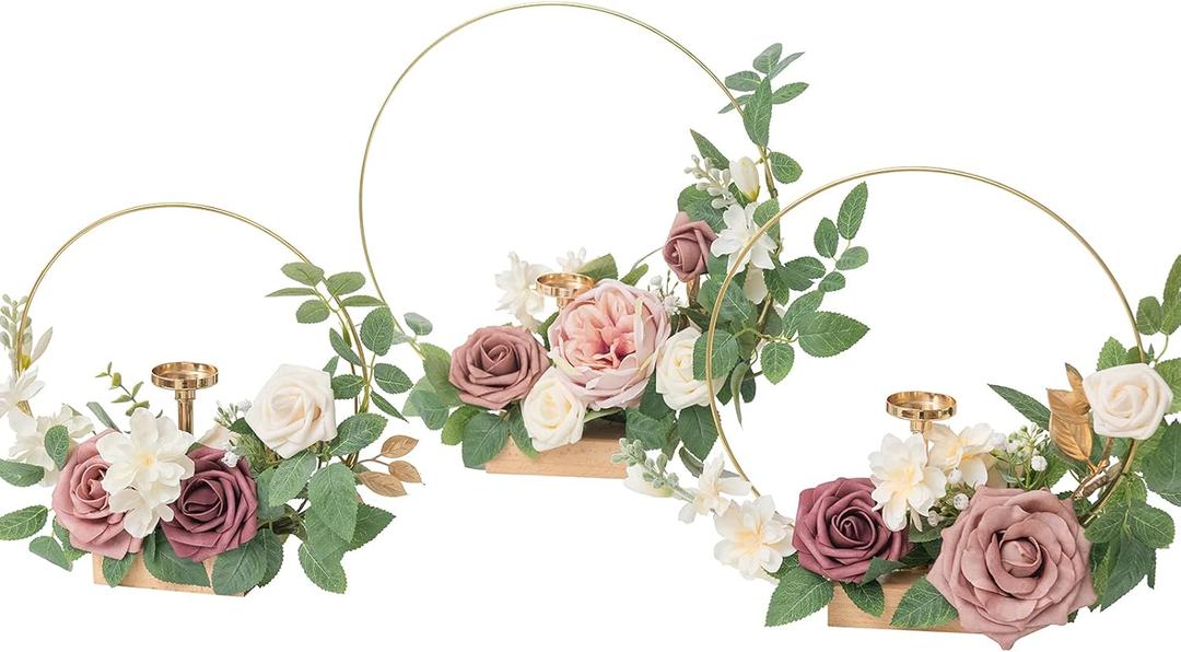 Ling's Moment Candle Holder Hoop Wreath Floral Centerpieces for Sweetheart Table, Head Table, Ceremony Reception Artificial Flowers Decorations (Set of 3, Mauve & Dusty Rose)