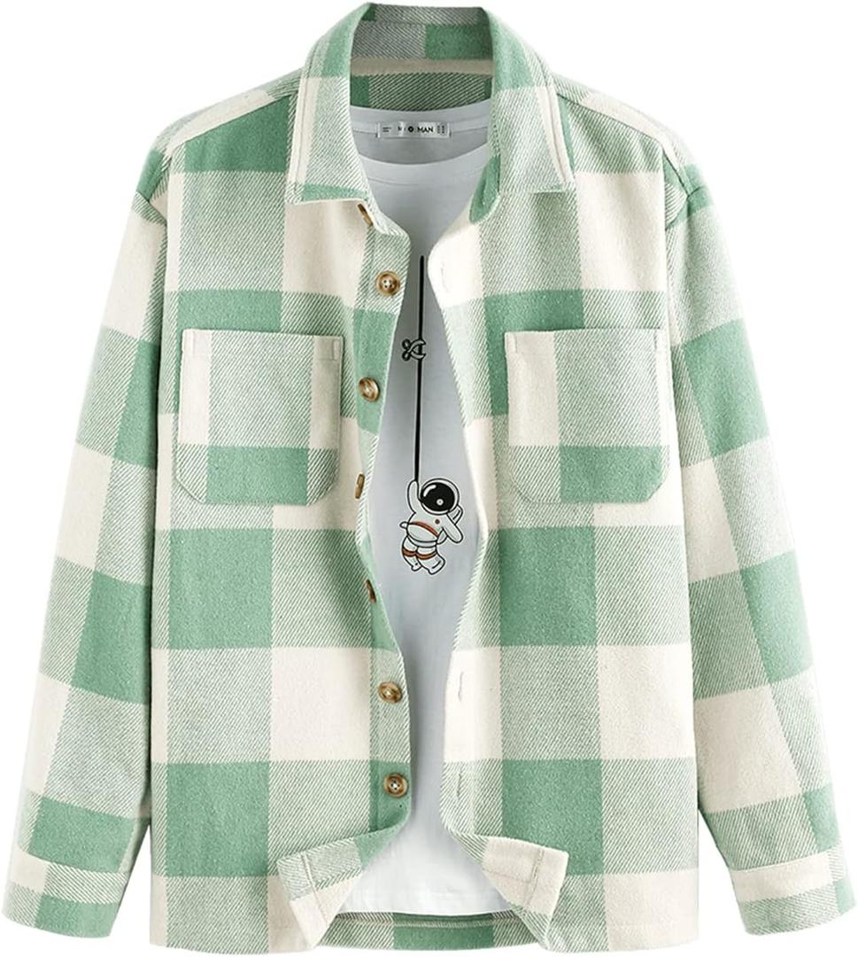 ZAFUL Men's Plaids Shirt Long Sleeve Button Down Lightweight Flannel Jacket Wool Blend Shacket Casual Shirts with Pockets (Medium), Plaid-light Green