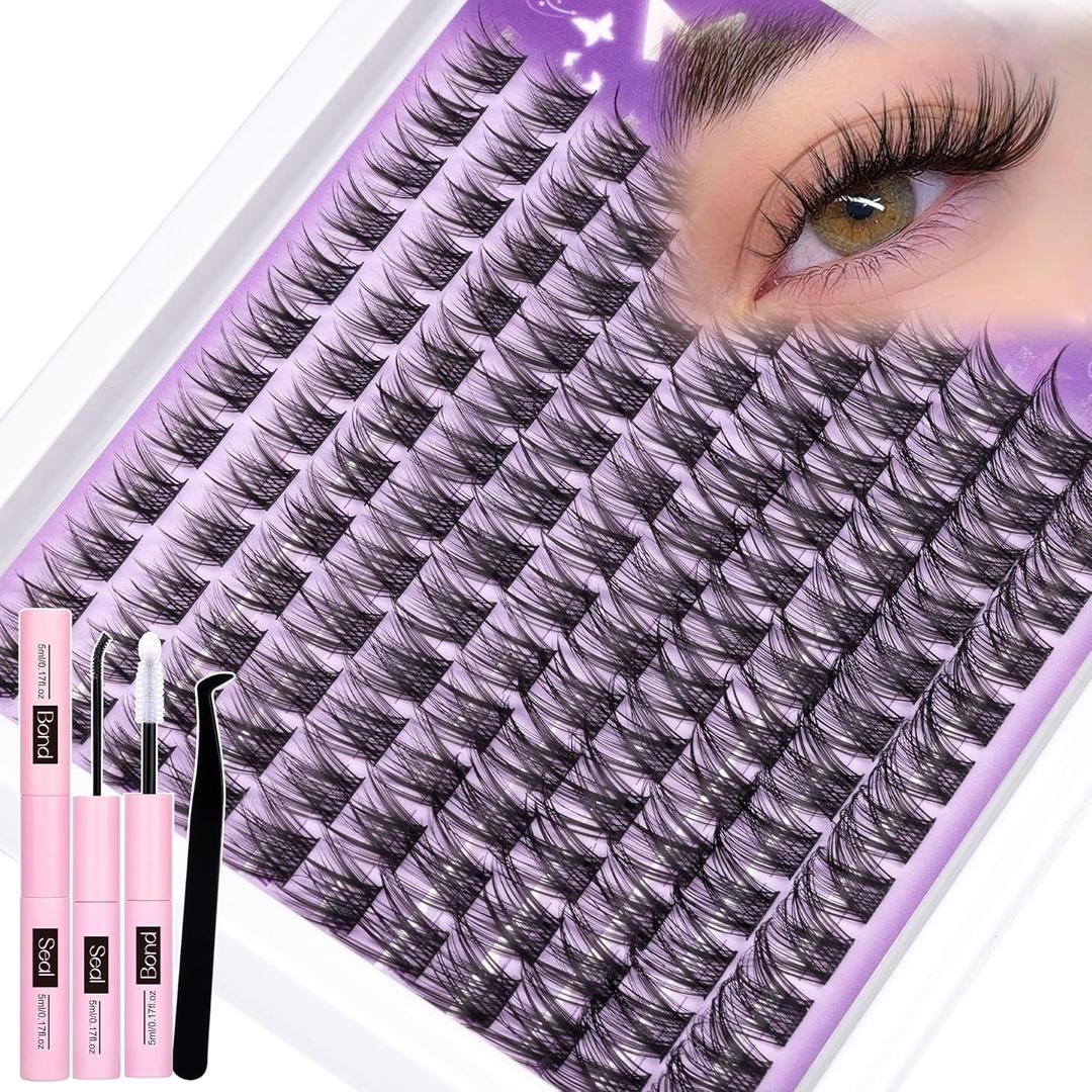 Wispy Lash Clusters Kit Natural Cluster Eyelash Extensions Kit DIY Lash Extensions Kit CC-Curly Clean Makeup 10-16MM Beginner-Friendly Lash Bond and Seal Kit 132Pcs