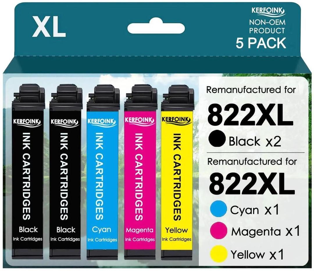 KERFOINK for 822XL Ink Cartridge Remanufactured for Epson 822XL Ink Cartridges 822 822 XL for Workforce Pro WF3820 WF3823 WF4820 WF4830 WF4833 Printer (2 Black Cyan Magenta Yellow, 5 Pack)