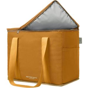 Reusable Insulated Grocery Bag - Canvas, Leak Proof, X Large Cooler Bag, Insulated Shopping Bags for Groceries, Travel Cooler Bag for Frozen and Hot Food with Zippered Top (Caramel)