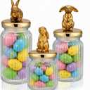 Mimorou 3 Set Easter Cookie Jar with Ceramic Bunny Lid 44oz 33oz 22oz Glass Candy Jar Food Storage Canister with Airtight Gold Lid for Easter Party Spring Tea Table Decoration