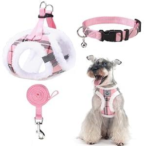 EXPAWLORER Fleece Lined Step-in Dog Harness - Soft Plush Padded Puppy Harness and Leash Set with Adjustable Dog Collar, No Pull Escape Proof Suede Dog Vest Harness for Small Dogs, Pink S