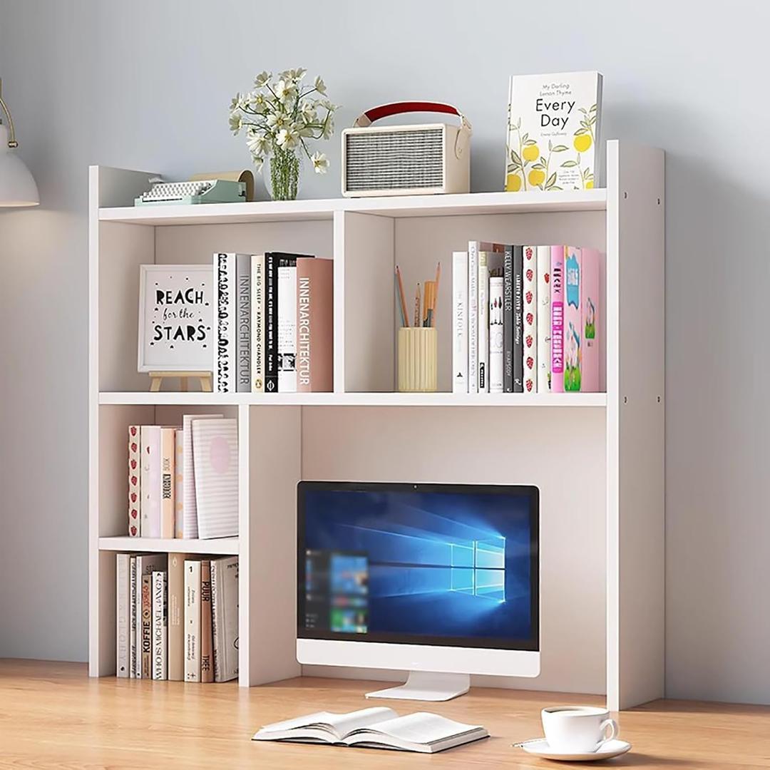 Desk Hutch for Dorm,Wooden Desktop Bookshelf with Storage Display Rack,Freestanding Bookcase for Computer Desk,Desk Top Organizer Shelf for Home Office (White, 31.5″W×7.9″D×35.4″H)