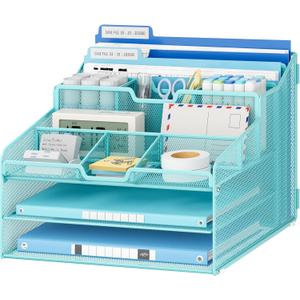 Lavatino Desk Paper File Organizer - Metal Mesh with 2 Letter Trays, 7 Flexible Dividers, 2 Vertical File Folder Holders for Office/Home/Classroom Supplies, Desk Organizers and Accessories, Blue