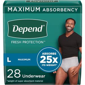 Depend Fresh Protection Adult Incontinence Underwear for Men, Disposable, Maximum, Large, Grey, 28 Count, Packaging May Vary (Large)