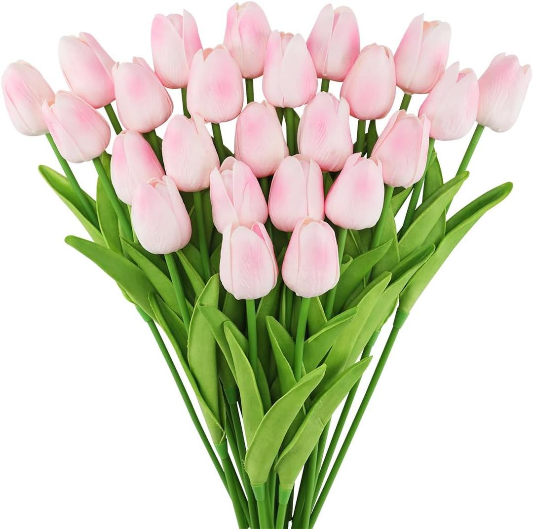 Fake Tulips Artificial Flowers with Stems - 24pcs Latex Real Touch Faux Tulips Arrangement Bouquet for Home Kitchen Wedding Decorations (Pink)