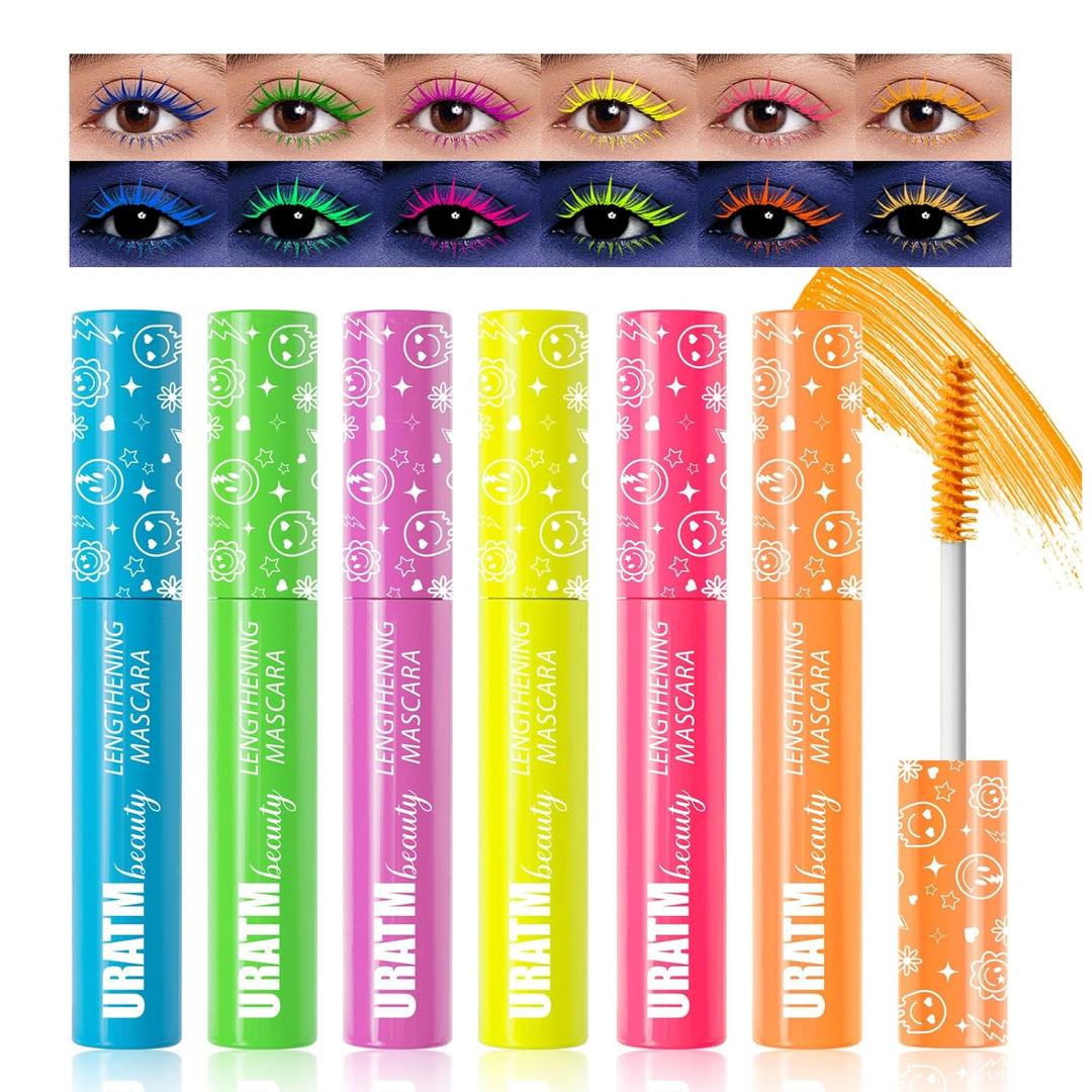 Neon Mascara 6 Colors Fluorescent Mascaras Makeup, Waterproof and Smudgeproof, Volumizing and Lengthening Mascara for Daily Wear and Party Night