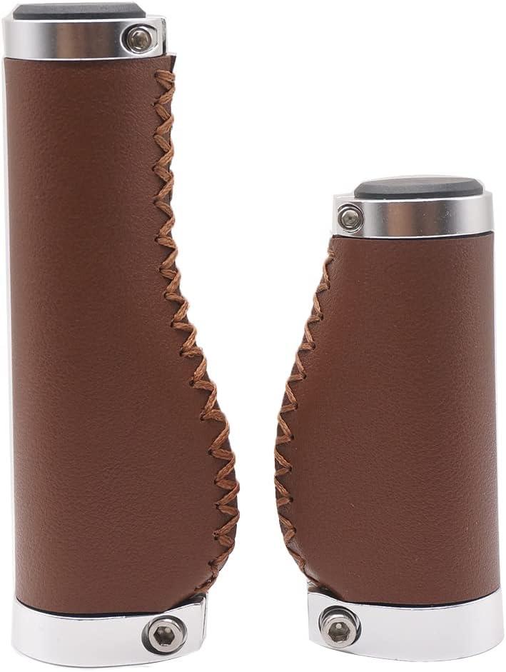 Bike Handle Grips 135/95mm Long/Short Grips Non-Slip PVC Microfiber Leather Ergonomic Hand-Sewn Casual Retro Double Lock-on Handlebar Lever for MTB,Road Bike (Dark Brown-A)