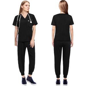 Scrubs for Women Scrubs Set - Stretch V-Neck Scrub Top & Yoga Jogger Pants Medical Uniform Scrub Set (X-Large, Pure Black)