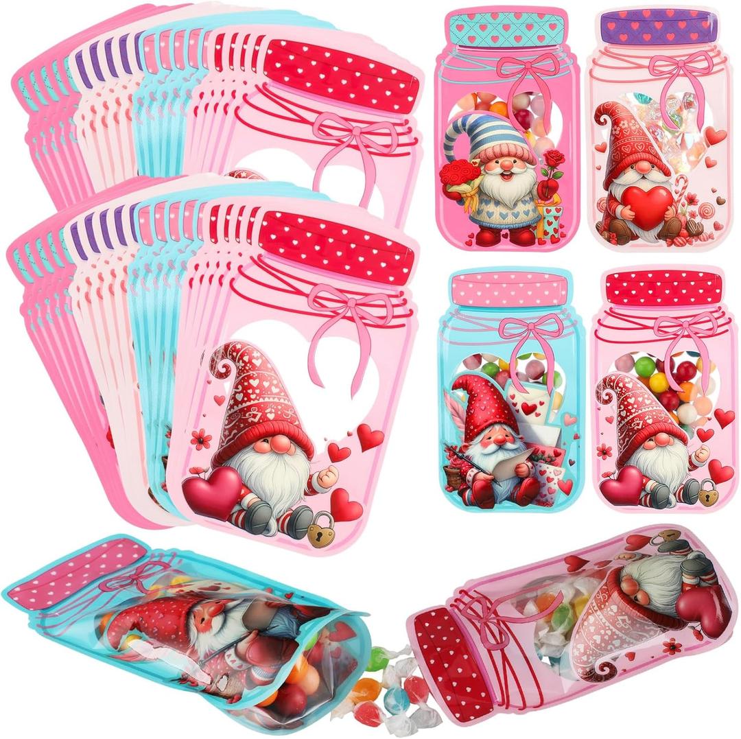 Tinlade 36 Pcs Valentine's Day Mason Jar Bags Bulk 4.1 x 6.9 Inch Cute Valentines Gnomes Stand-up Resealable Candy Gift Bags for DIY Valentine Exchange Party Favors (Multiple Styles,Multicolors)