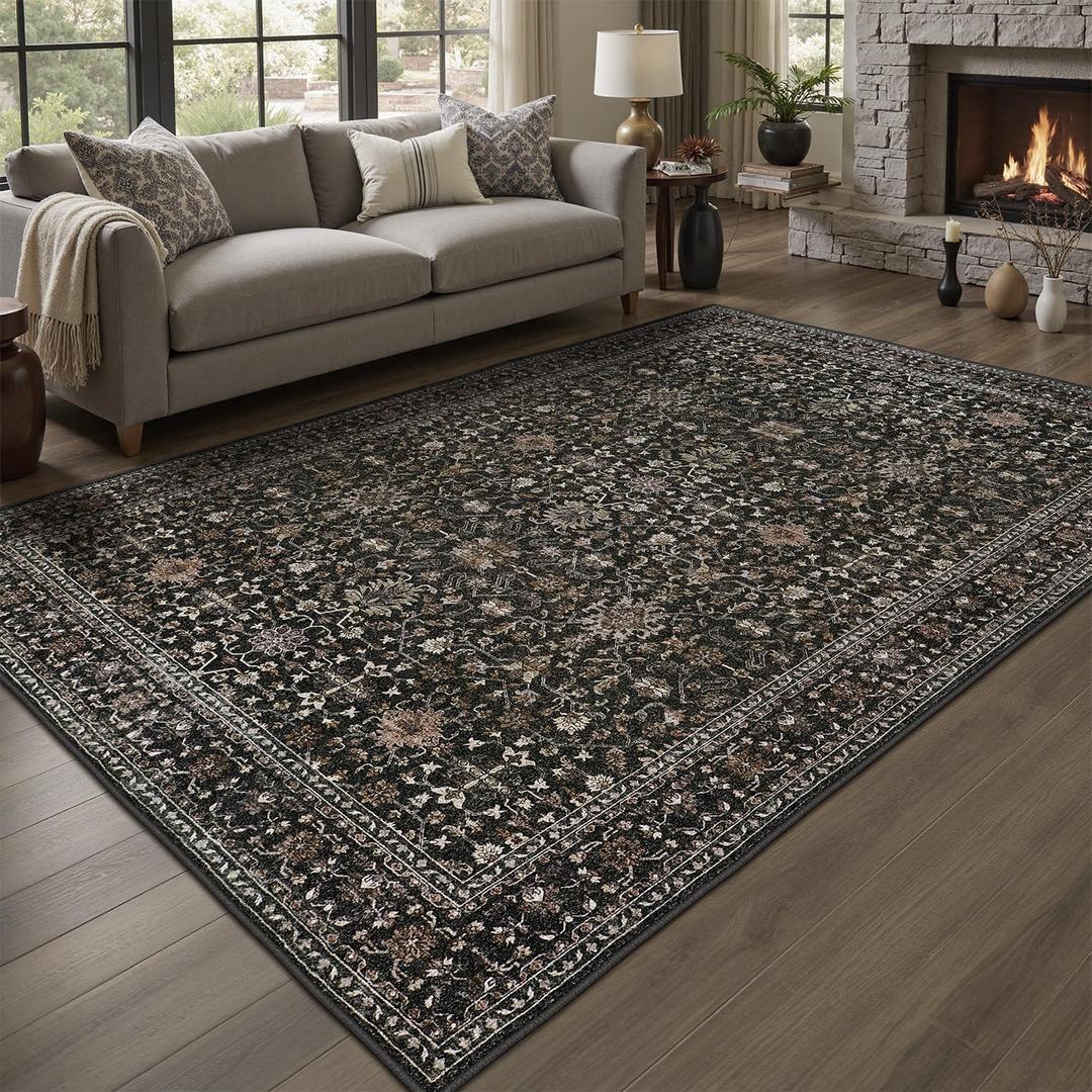 DCX Machine Washable Black Area Rug 4x6, Non Slip Stain Resistant Vintage Floral Rug for Living Room Bedroom Dining Room, Soft Low Pile Large Carpet