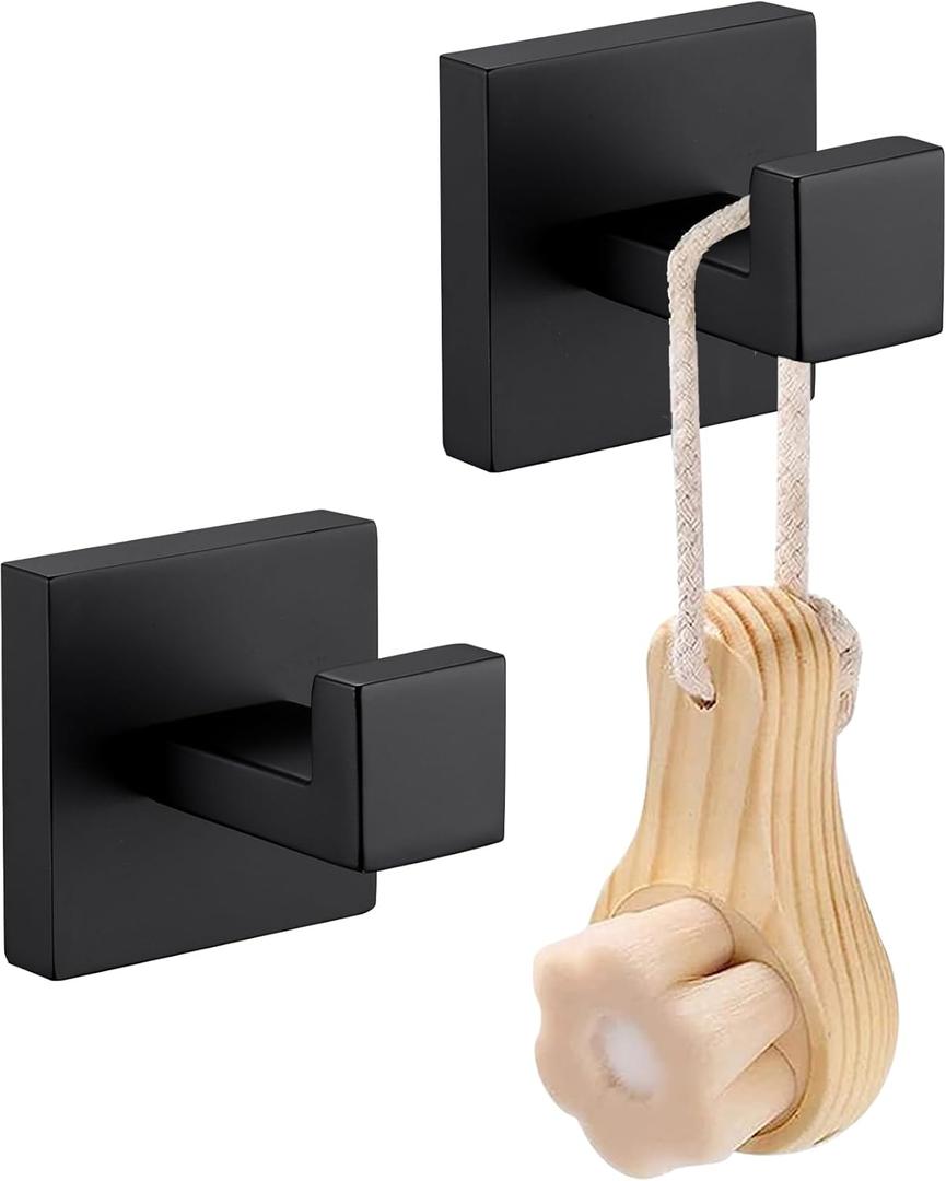 Robe Hook Bathroom Hardware Towel Hooks Matte Black Coat Hooks Heavy Duty Square Hanger Clothes Hooks for Bathroom Garage Wall Hooks SUS304 Stainless Steel Wall Mount 2 Pack