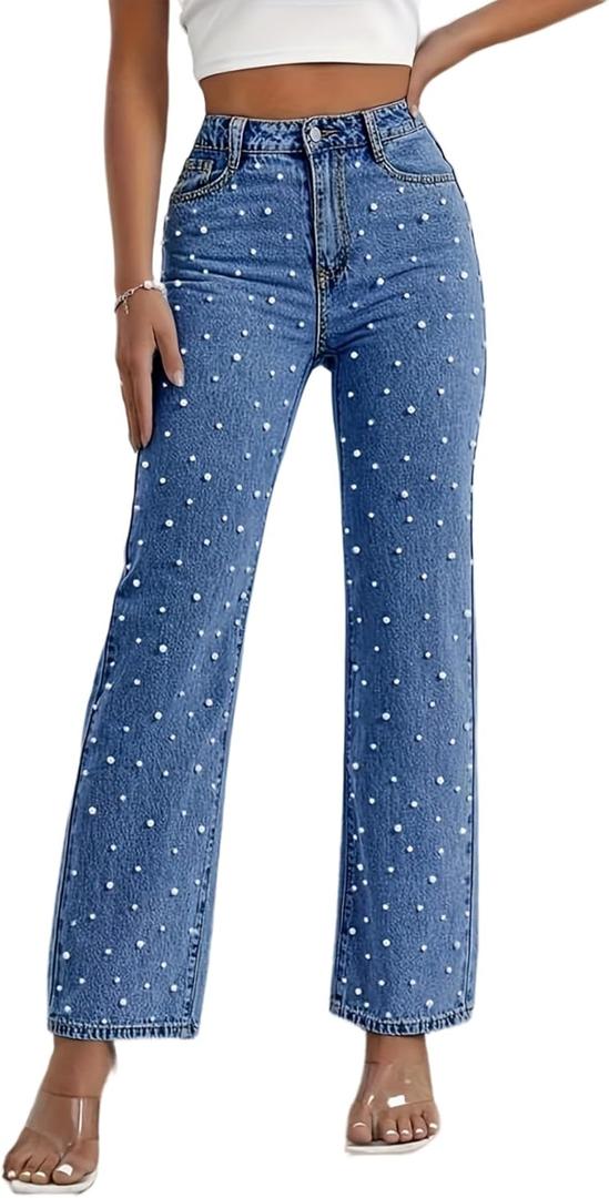 Womens High Waisted Pearl Jeans Stretch Straight Leg Denim Pants Trendy Y2K Beaded Casual Jeans (XX-Large, Navy Blue)