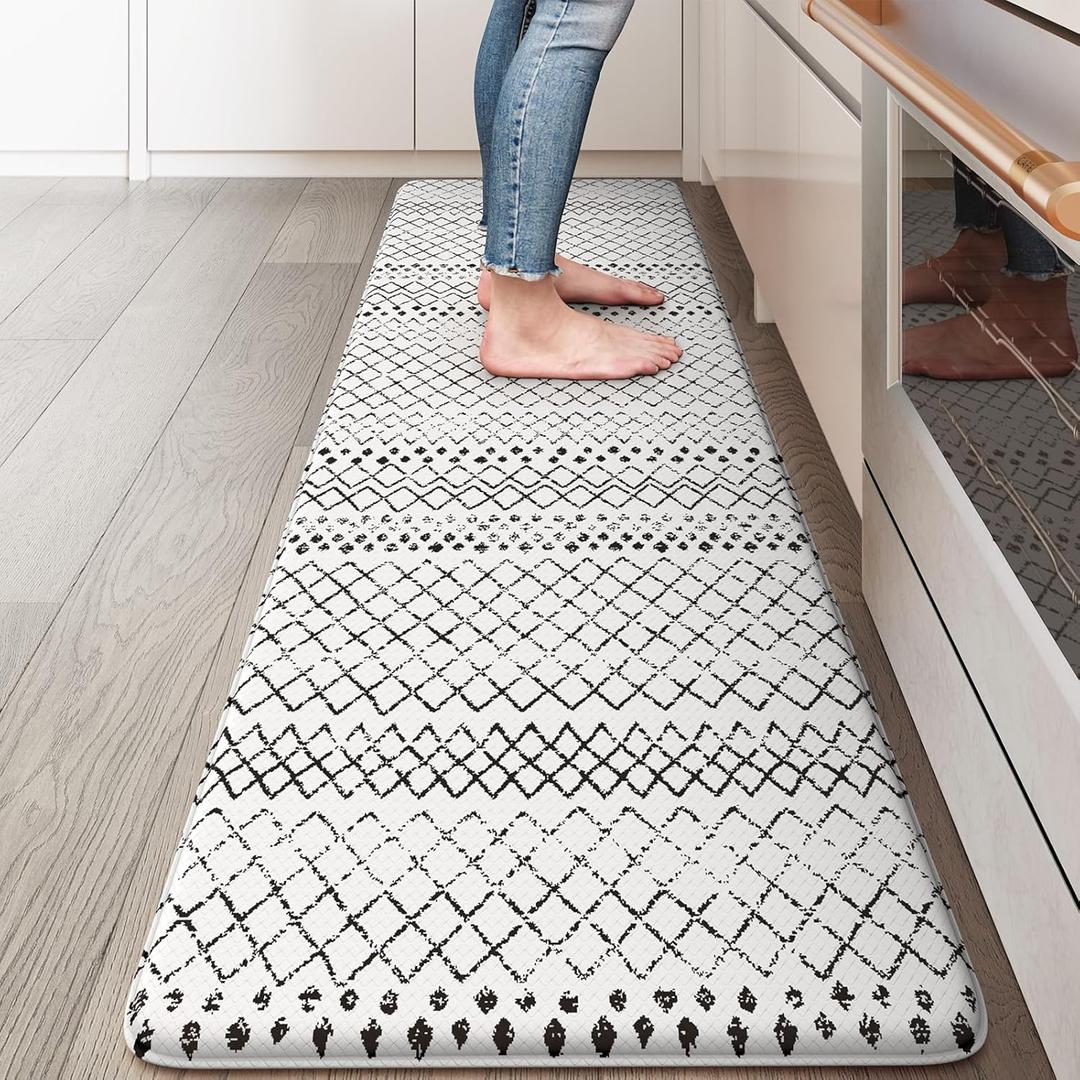 KIMODE Kitchen Runner Rug,17.3" x 59" Anti Fatigue Kitchen Mats for Floor Cushioned, Non-Slip Waterproof Comfort Thick Kitchen Floor Standing Mat for Front Sink, Laundry Room, Black and White