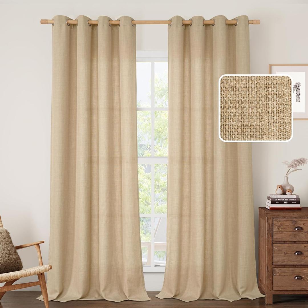 LAMIT Natural Faux Linen Curtains for Bedroom, Light Filtering Panels, Grommet Privacy Protected Natural Tan Linen Curtains for Small Window/Kids' Room, 2 Panels (52 x 102 Inch, Natural Tan)