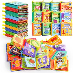 JOYIN 12 Pcs Bath Books, Nontoxic Fabric Soft Crinkly Cloth Books, Waterproof, Bathtub Pool and Early Education First Toys for Infant Newborn Baby Toddlers Kids Birthday Gifts