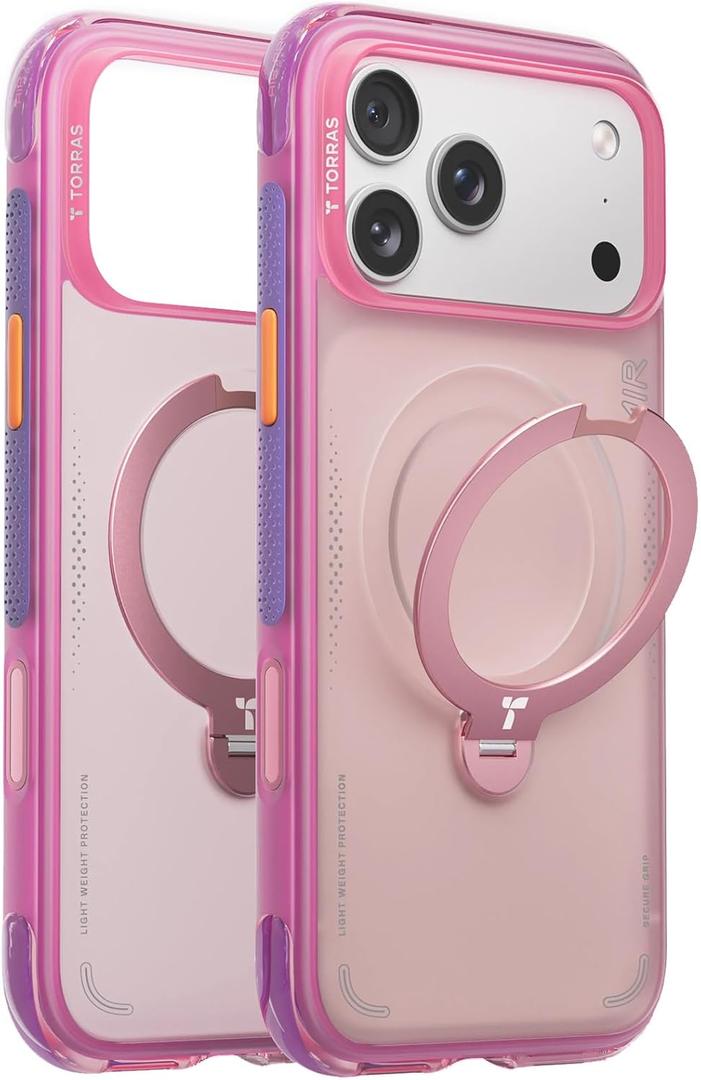TORRAS Ostand Q3 Air for iPhone 17 Pro Max Case with 360 Magnetic Stand, Fit for MagSafe, Mil-Grade Drop Tested, Camera Control Button, Shockproof Phone Case for iPhone 17 Pro Max 6.9", Neon Pink