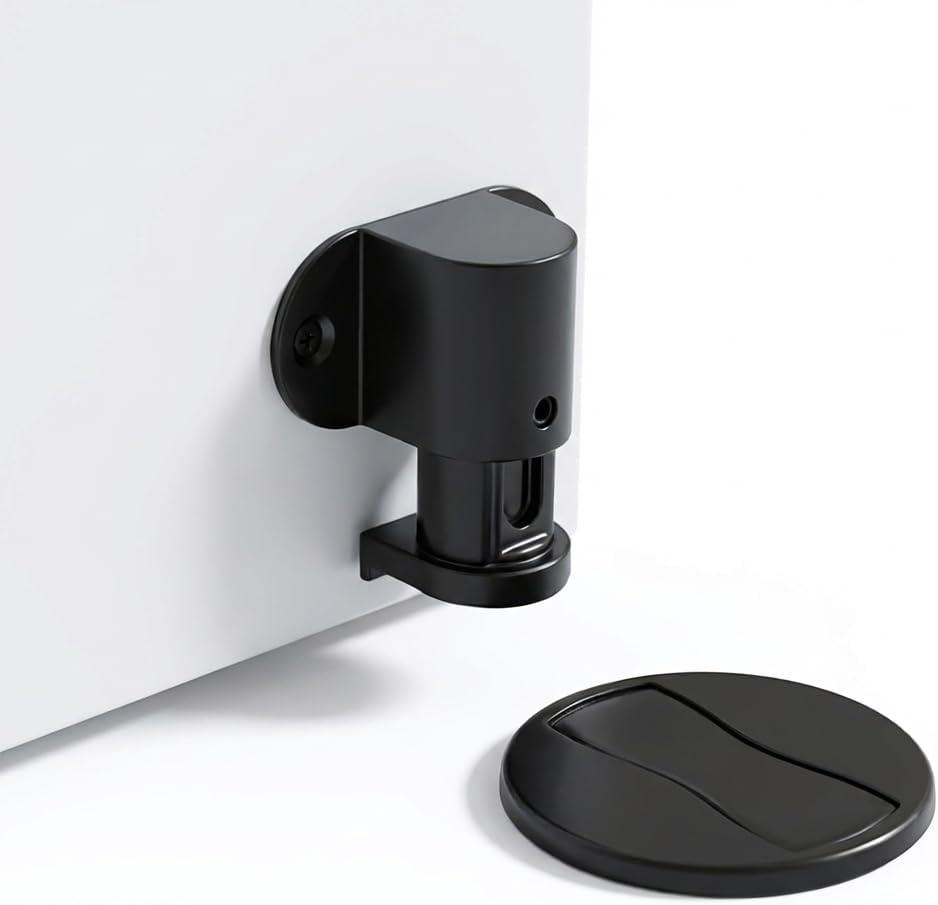 1 Pack Magnetic Door Stopper Adjustable Magnetic Door Stop for Bottom of Door, Floor Mount Magnet Door Holder with Nail-Free Glue Included, No-Drilling (Black)